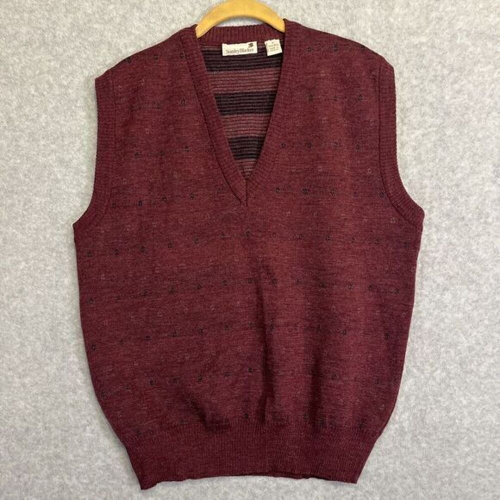 Vintage Stanley Blacker Knit Vest‎ Men's Large 100%  Shetland Sweater Burgundy